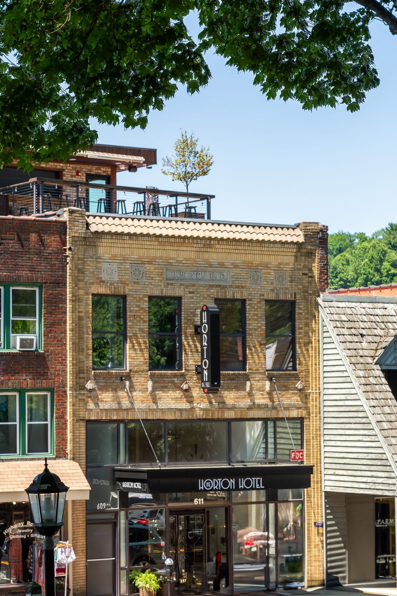 Historic storefront facade of The Horton Hotel on a downtown Boone street